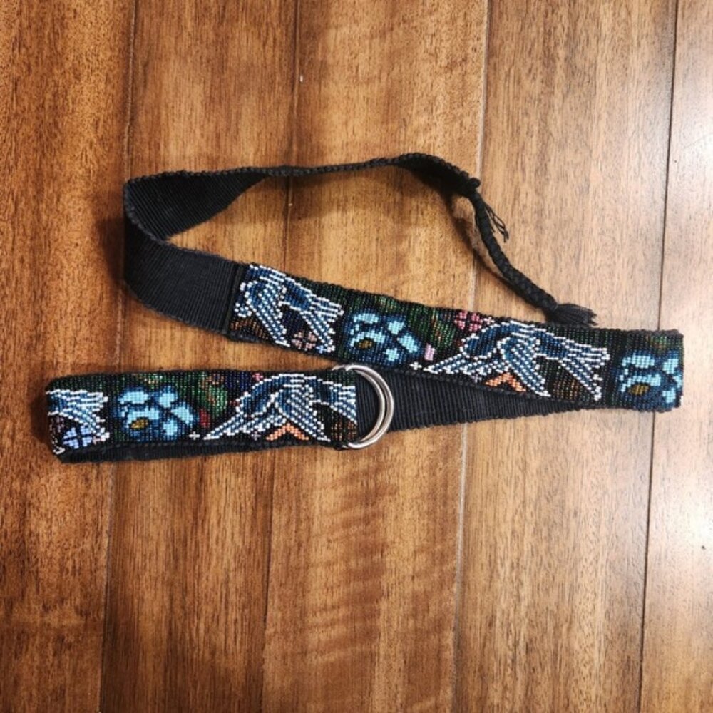 Woven Native American Beaded Belt Black Blue Bird Floral D-Ring Waist Accessory